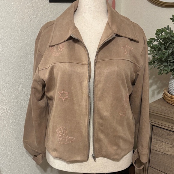 Le Lis Jackets & Blazers - Le Lis Boutique Suede Jacket with Western Stitch Details-Tan & Pink Size Medium